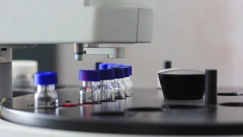 A special device with a needle draws a substance from a flask Stock Footage 219340225