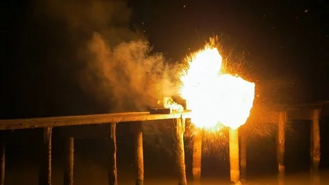 Special effects of bridge explosion at night. Stock Footage 82222270