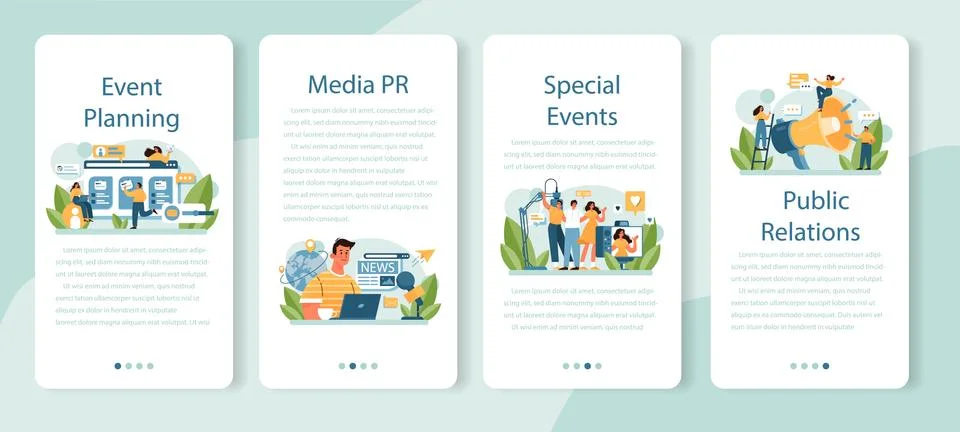 Special event mobile application banner set. Media performance organization Stock Illustration