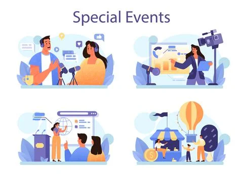 Special events concept set. Entertaining social activity as a marketing campaign Stock Illustration