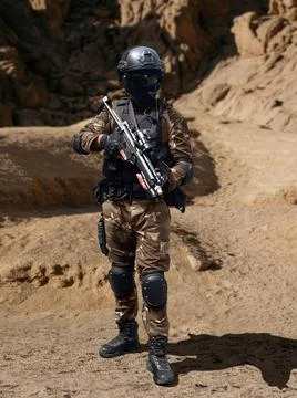 Special force soldier posing in the desert Stock Photos