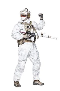 Special forces operator in winter camo clothes Stock Photos