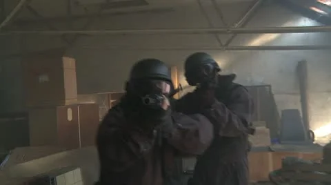 Special Forces running in storehouse - Variation slowmotion Stock Footage