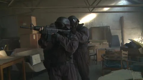 Special Forces running in storehouse - Variation slowmotion Stock Footage