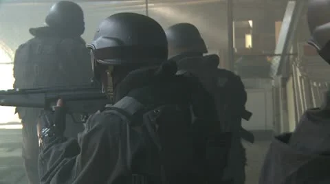 Special Forces running in storehouse - Variation slowmotion Stock Footage 8912127