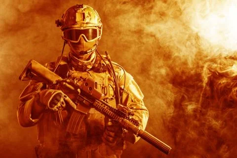 Special forces soldier in the fire Stock Photos