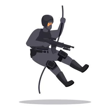 Special forces soldier rappelling down holding a gun Stock Illustration