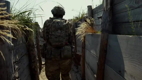 Special Forces Soldier Running Through Trench Combat Position Stock Footage 343614150