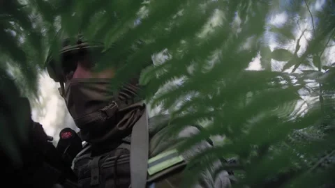 Special forces soldier sits in ambush in a dense deciduous forest Stock Footage 327350765