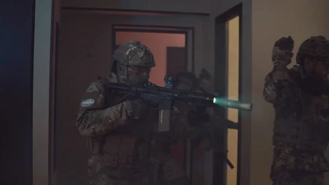 Special Forces With Weapons Attack Terrorist Military Group Of Soldiers Entering Stock Footage 141946853
