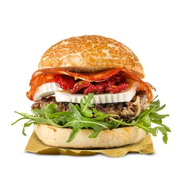 Special Hamburger with salami, tomatoes and fresh cheese Stock Photos