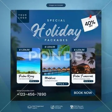 Special holiday packages with tropical beach destinations and discounts PSD Template