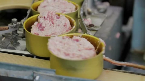 Special machine puts meat in cans Stock Footage 94155340