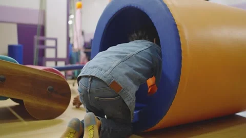 Special Needs Child Crawling Through Sensory Tunnel at School Stock Footage 336220863
