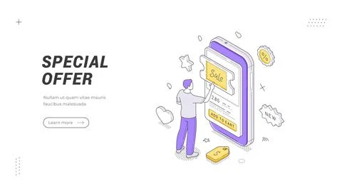 Special Offer banner template. An isometric vector illustration of a man usin Stock Illustration