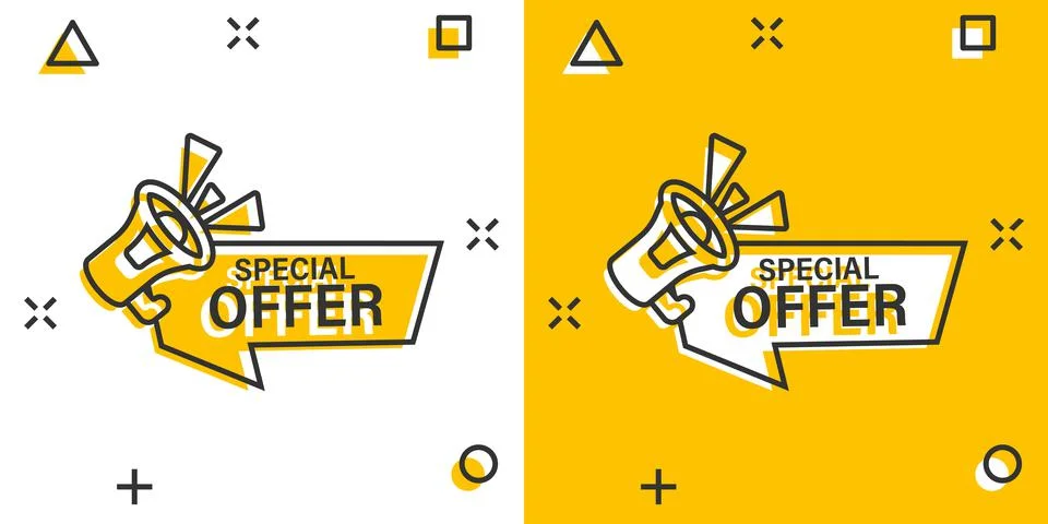 Special offer label icon in comic style. Megaphone with discount cartoon vect 스톡 일러스트