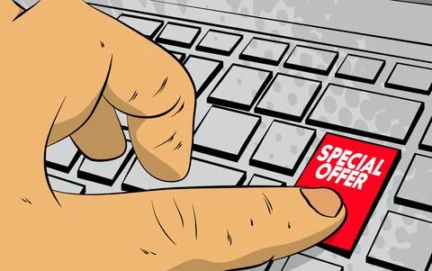 Special offer word on computer keyboard. Man push keypad on laptop. Comic boo 스톡 일러스트