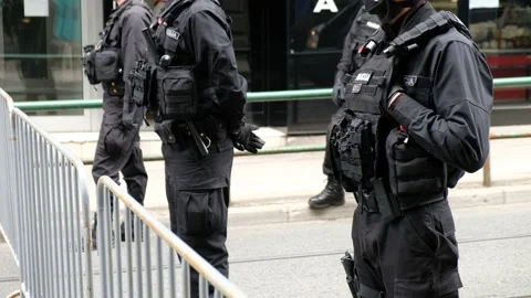 Special police forces securing protests during COVID-19 pandemic Stock Footage 140457362