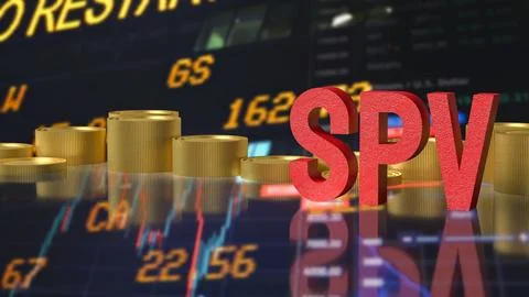 Special Purpose Vehicle Concept with Red SPV Letters and Gold Coins 3d render Stock Illustration