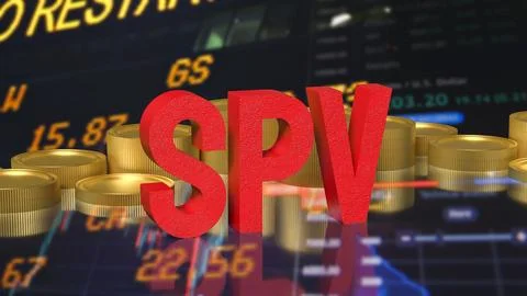 Special Purpose Vehicle Concept with Red SPV Letters and Gold Coins 3d render Stock Illustration