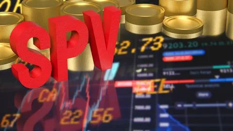Special Purpose Vehicle Concept with Red SPV Letters and Gold Coins 3d render Stock Illustration