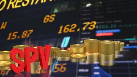 Special Purpose Vehicle Concept with Red SPV Letters and Gold Coins 3d render Stock Illustration