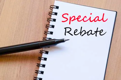 Special rebate write on notebook Stock Photos