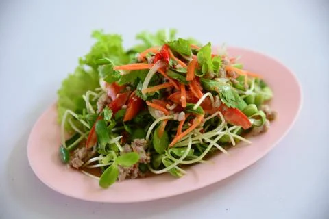 Special salad of minced beef, lectuce, cumin and herbs on white plate Stock Photos