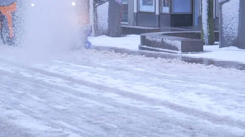 Special snow blower machine working on city street. Germany Video stock 96224609