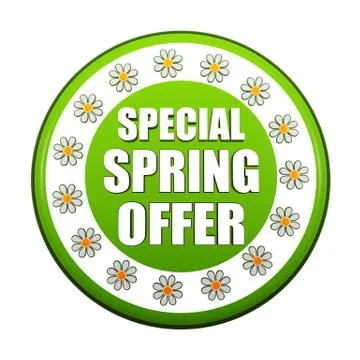 Special spring offer green circle label with flowers Stock Illustration