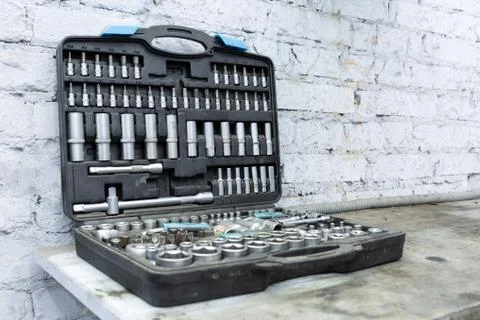 Special tools auto mechanic. In the box. standing on the table. Car service t Stock Photos