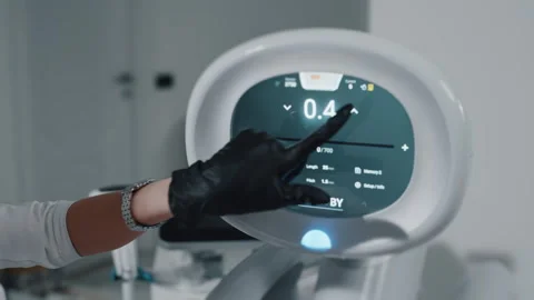Specialist adjusting settings on touchscreen laser device 動画素材 310996269