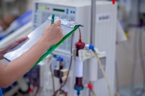 The specialist are checking continuous renal replacement therapy equipment an Stock Photos