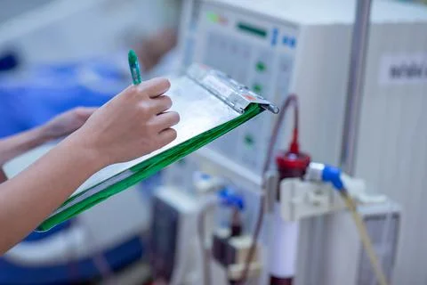The specialist are checking continuous renal replacement therapy equipment an Stock Photos