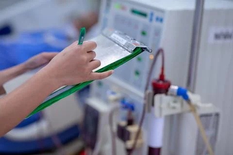 The specialist are checking continuous renal replacement therapy equipment an Stock Photos