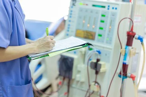The specialist are checking continuous renal replacement therapy equipment an Stock Photos