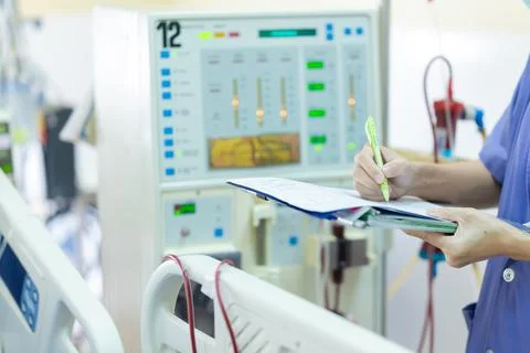 The specialist are checking continuous renal replacement therapy equipment an Stock Photos
