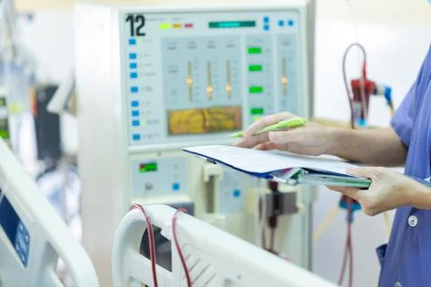 The specialist are checking continuous renal replacement therapy equipment an Stock Photos