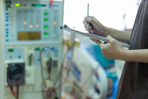 The specialist are checking continuous renal replacement therapy equipment an Stock Photos