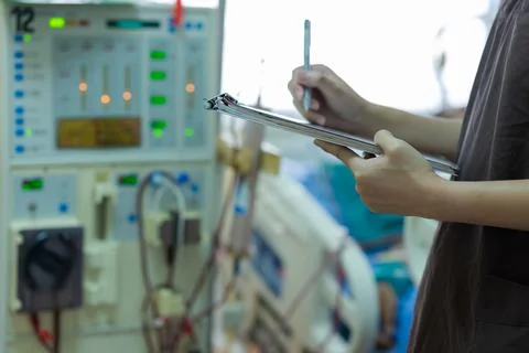 The specialist are checking continuous renal replacement therapy equipment an Stock Photos