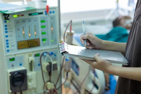 The specialist are checking continuous renal replacement therapy equipment an Stock Photos