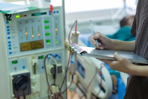 The specialist are checking continuous renal replacement therapy equipment an Stock Photos