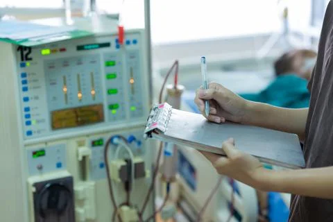 The specialist are checking continuous renal replacement therapy equipment an Stock Photos