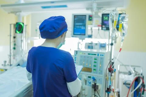 The specialist are checking continuous renal replacement therapy equipment an Stock Photos
