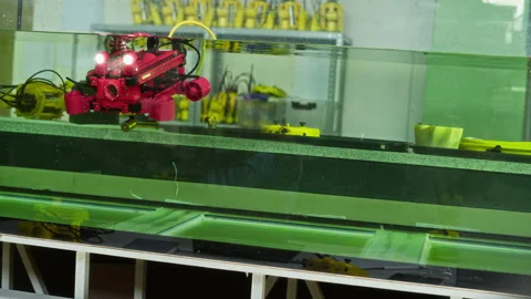 Specialist Controlling Underwater Robot in Laboratory Tank Stock Footage 343523141