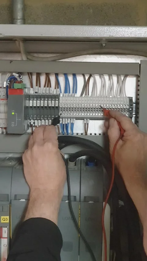 Specialist electrical commissioning engineer investigating a fault, vertical Stock Footage 335038773