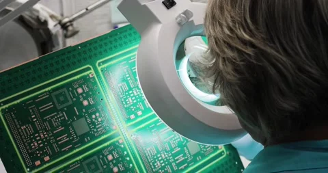 A specialist in a laboratory examines an electronic circuit board with a Stock Footage 200927770