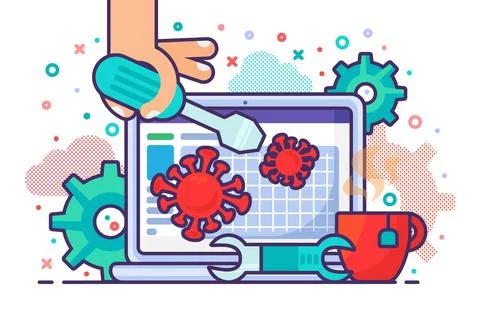 Specialist Master Repairs Laptop Computer Virus Stock Illustration