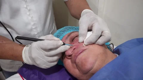 Specialist performing electrocautery treatment to remove a facial wart Stock Footage 339347142