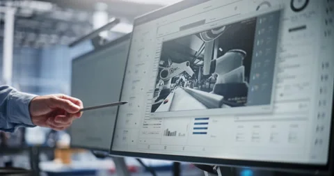 Specialist Pointing at Live Robotic Assembly Line Feed on Computer Screen Stock Footage 344390474